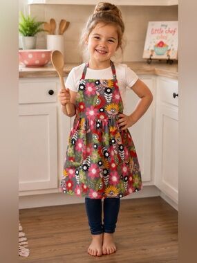 Retro Floral 🌺 Little Girls Cooking Apron Adjustable Handmade Style